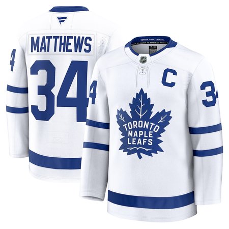 Men's Toronto Maple Leafs #34 Auston Matthews White Captain Patch Away Premium Jersey