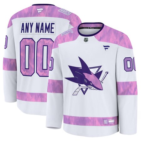 Youth San Jose Sharks Fanatics White 2024 Hockey Fights Cancer Custom Practice Jersey