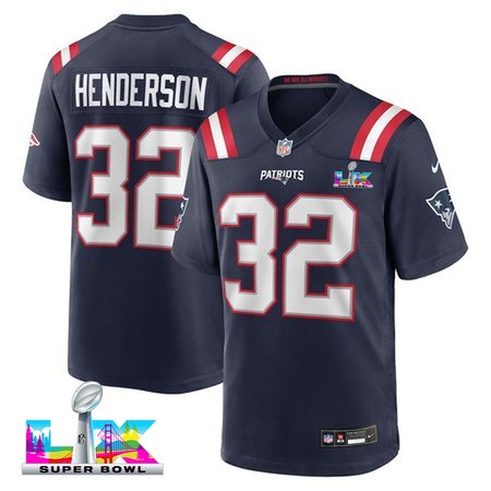 Men's New England Patriots #32 TreVeyon Henderson Nike Navy Super Bowl LX Game Jersey