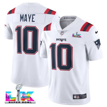 Men's New England Patriots #10 Drake Maye White Super Bowl LX Vapor Limited Stitched Football Jersey