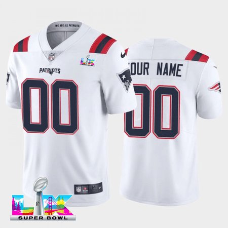 Men's New England Patriots Custom White Super Bowl LX Vapor Limited Stitched Football Jersey