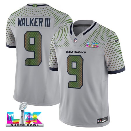 Men's Seattle Seahawks #9 Kenneth Walker III Gray Super Bowl LX Rivalries Collection F.U.S.E. Vapor Limited Stitched Football Jersey