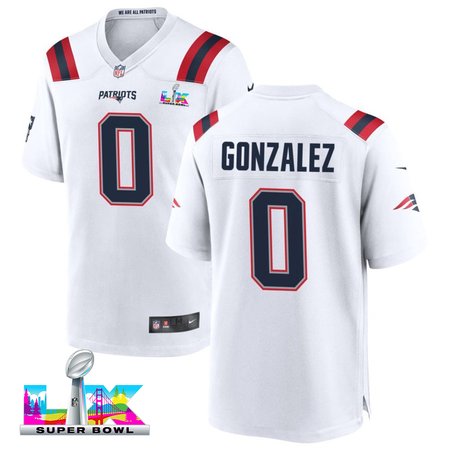 Youth New England Patriots #0 Christian Gonzalez White Super Bowl LX Game Jersey