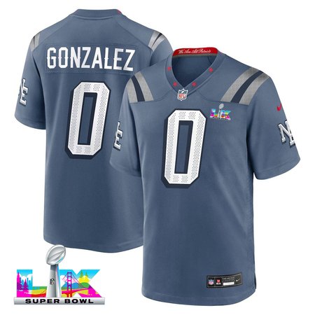 Men's New England Patriots #0 Christian Gonzalez Blue Super Bowl LX Rivalries Collection Game Jersey