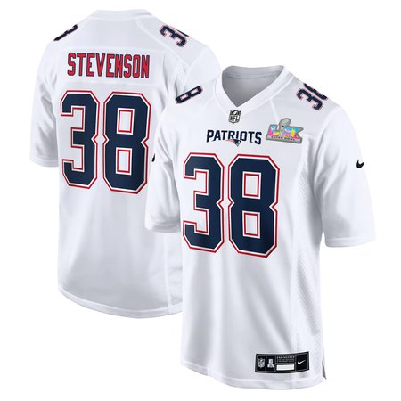 Men's New England Patriots #38 Rhamondre Stevenson White Super Bowl LX Patch Tundra Fashion Game Jersey