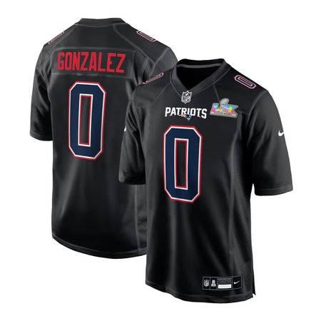 Youth New England Patriots #0 Christian Gonzalez Black Super Bowl LX Patch Carbon Fashion Game Jersey