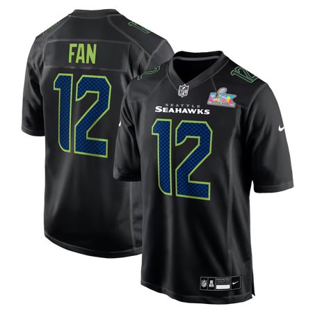 Men's Seattle Seahawks 12s Black Super Bowl LX Patch Carbon Fashion Game Jersey