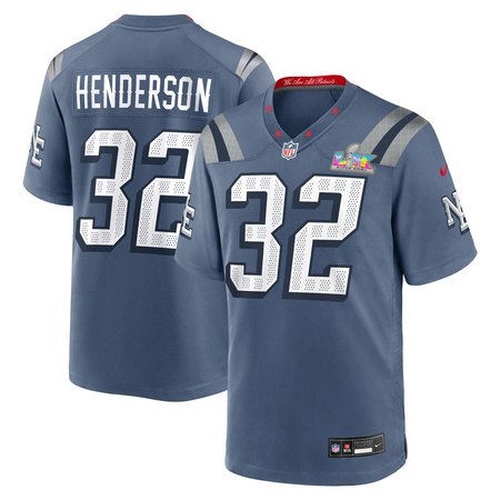 Men's New England Patriots #32 TreVeyon Henderson Blue Super Bowl LX Patch Rivalries Collection Game Jersey