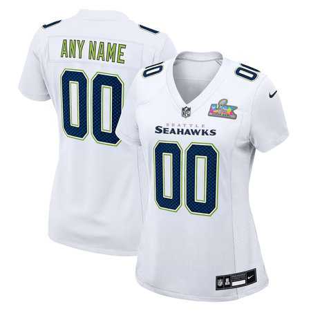 Women's Seattle Seahawks Custom White Super Bowl LX Patch Tundra Fashion Game Jersey