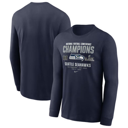 Men's Seattle Seahawks Nike College Navy 2025 NFC Champions Team Nation Long Sleeve T-Shirt