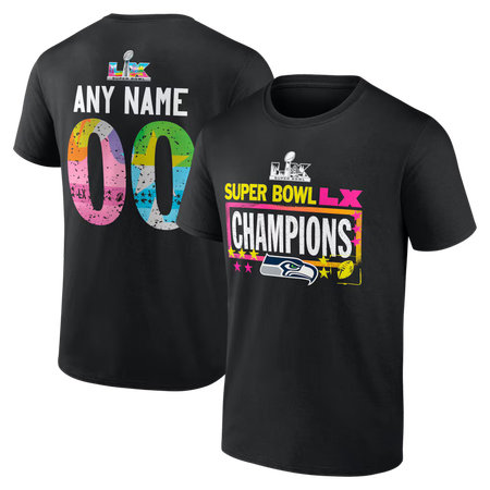 Men's Seattle Seahawks Black Super Bowl LX Champions Custom T-Shirt