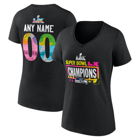 Women's Seattle Seahawks Black Super Bowl LX Champions Custom V-Neck T-Shirt
