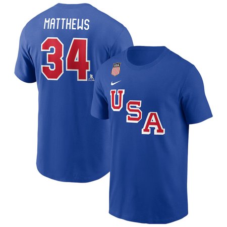 Men's 2026 US Hockey #34 Auston Matthews Royal Name & Number T-Shirt