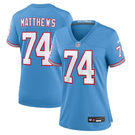 Women's Tennessee Titans #74 Bruce Matthews Nike Light Blue Oilers Throwback Retired Player Game Jersey