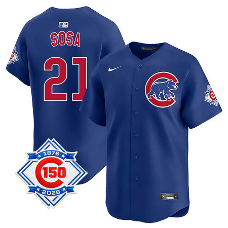 Youth Chicago Cubs #21 Sammy Sosa Royal Nike Alternate Vapor Limited 150th Anniversary Authentic Lettering Jersey