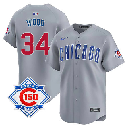 Youth Chicago Cubs #34 Kerry Wood Grey Nike Road Vapor Limited 150th Anniversary Authentic Lettering Jersey