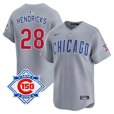 Youth Chicago Cubs #28 Kyle Hendricks Grey Nike Road Vapor Limited 150th Anniversary Authentic Lettering Jersey