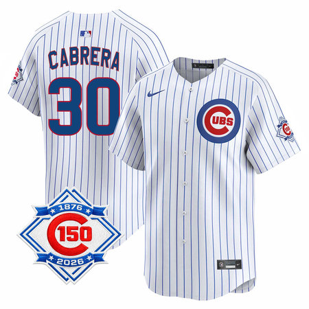 Youth Chicago Cubs #30 Edward Cabrera White Nike Home Vapor Limited 150th Anniversary Authentic Lettering Jersey