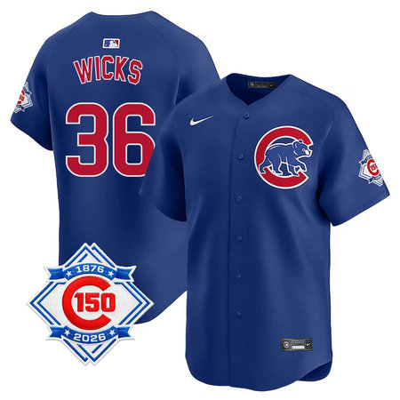 Youth Chicago Cubs #36 Jordan Wicks Royal Nike Alternate Vapor Limited 150th Anniversary Authentic Lettering Jersey