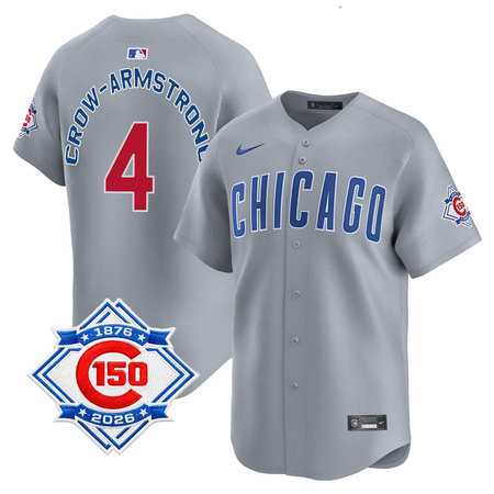 Youth Chicago Cubs #4 Pete Crow-Armstrong Grey Nike Road Vapor Limited 150th Anniversary Authentic Lettering Jersey