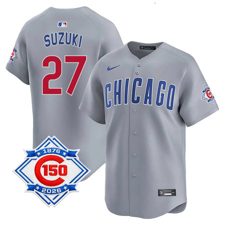 Youth Chicago Cubs #27 Seiya Suzuki Grey Nike Road Vapor Limited 150th Anniversary Authentic Lettering Jersey