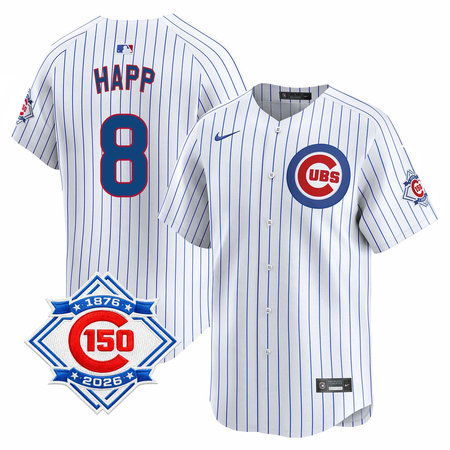 Youth Chicago Cubs #8 Ian Happ White Nike Home Vapor Limited 150th Anniversary Authentic Lettering Jersey