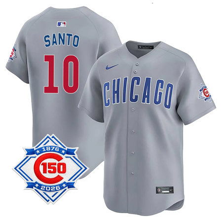 Youth Chicago Cubs #10 Ron Santo Grey Nike Road Vapor Limited 150th Anniversary Authentic Lettering Jersey