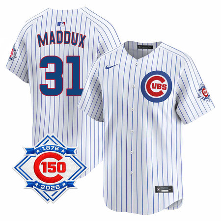 Youth Chicago Cubs #31 Greg Maddux White Nike Home Vapor Limited 150th Anniversary Authentic Lettering Jersey