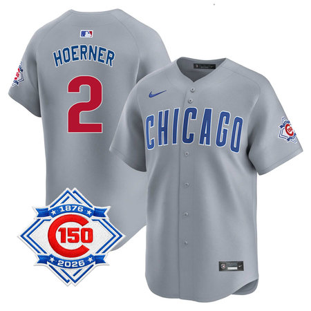 Youth Chicago Cubs #2 Nico Hoerner Grey Nike Road Vapor Limited 150th Anniversary Authentic Lettering Jersey