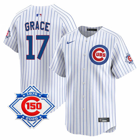 Youth Chicago Cubs #17 Mark Grace White Nike Home Vapor Limited 150th Anniversary Authentic Lettering Jersey