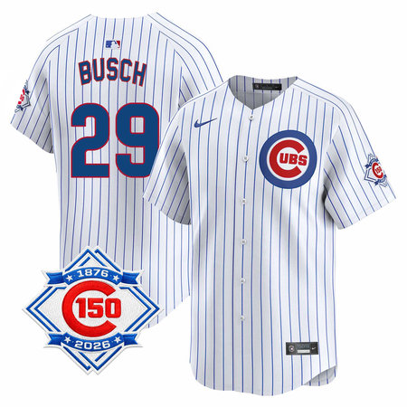 Youth Chicago Cubs #29 Michael Busch White Nike Home Vapor Limited 150th Anniversary Authentic Lettering Jersey