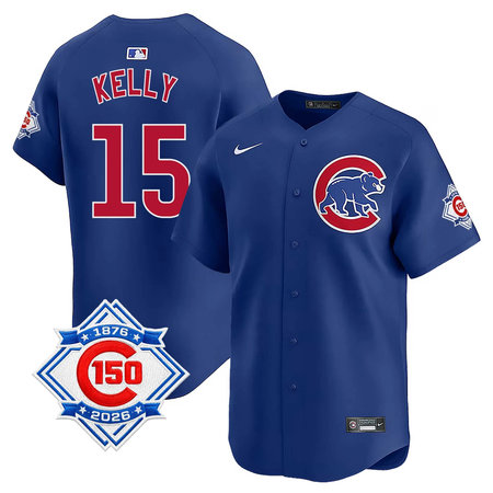 Youth Chicago Cubs #15 Carson Kelly Royal Nike Alternate Vapor Limited 150th Anniversary Authentic Lettering Jersey