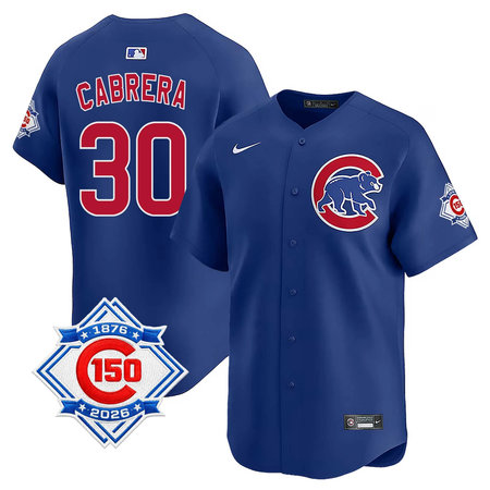 Youth Chicago Cubs #30 Edward Cabrera Royal Nike Alternate Vapor Limited 150th Anniversary Authentic Lettering Jersey