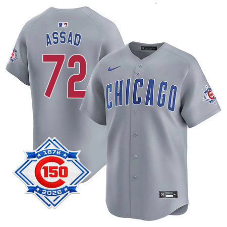 Youth Chicago Cubs #72 Javier Assad Grey Nike Road Vapor Limited 150th Anniversary Authentic Lettering Jersey