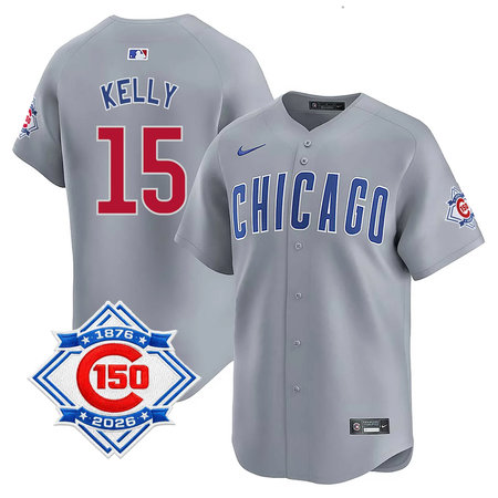 Youth Chicago Cubs #15 Carson Kelly Grey Nike Road Vapor Limited 150th Anniversary Authentic Lettering Jersey