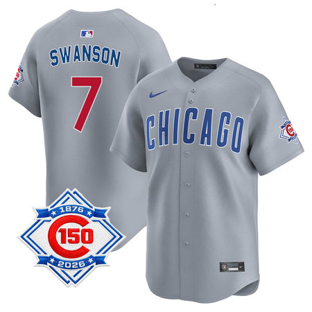 Men's Chicago Cubs #7 Dansby Swanson Grey Nike Road Vapor Limited 150th Anniversary Authentic Lettering Jersey