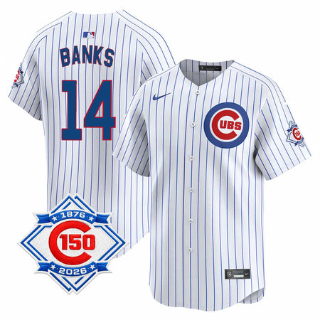 Youth Chicago Cubs #14 Ernie Banks White Nike Home Vapor Limited 150th Anniversary Authentic Lettering Jersey