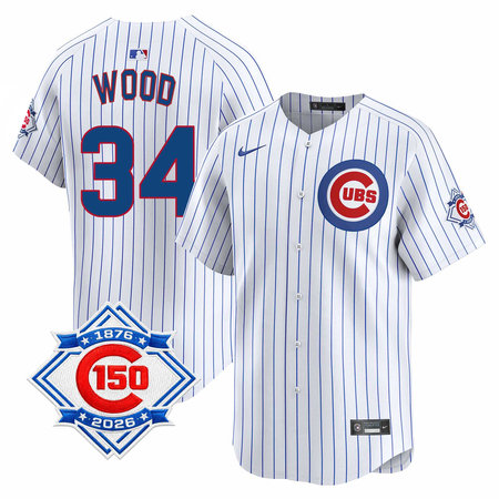 Youth Chicago Cubs #34 Kerry Wood White Nike Home Vapor Limited 150th Anniversary Authentic Lettering Jersey