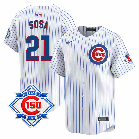 Youth Chicago Cubs #21 Sammy Sosa White Nike Home Vapor Limited 150th Anniversary Authentic Lettering Jersey