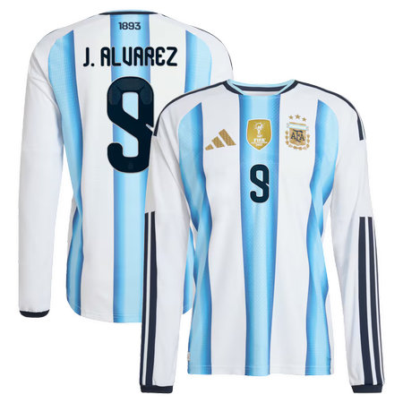 Men's J. Alvarez #9 Argentina Home Authentic Long Sleeve Jersey World Cup 2026