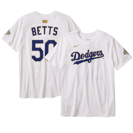 Men's Los Angeles Dodgers #50 Mookie Betts Nike White 2026 Gold Collection Name & Number T-Shirt
