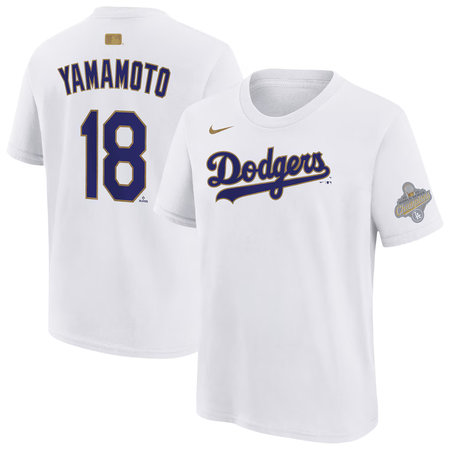 Men's Los Angeles Dodgers #18 Yoshinobu Yamamoto Nike White 2026 Gold Collection Name & Number T-Shirt