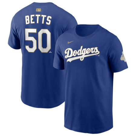 Men's Los Angeles Dodgers #50 Mookie Betts Nike Royal 2026 Gold Collection Name & Number T-Shirt