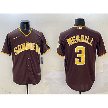 Men's San Diego Padres #3 Jackson Merrill Brown Cool Base Stitched Baseball Jersey