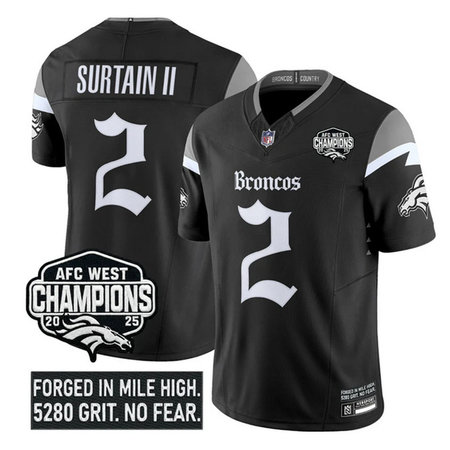 Youth Denver Broncos #2 Patrick Surtain II Black F.U.S.E 2025 Afc West Champions Patch "Gothic Mile High Shadows Edition" Vapor Limited Stitched Football Jersey