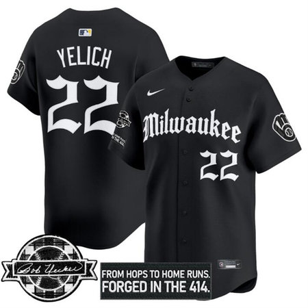 Youth Milwaukee Brewers #22 Christian Yelich Black Gothic Edition Bob Uecker Patch Vapor Premier Limited Stitched Baseball Jersey