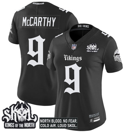 Women's Minnesota Vikings #9 J.J. McCarthy Black 2025 Kings of the North Patch "Gothic Norseblood Edition" Vapor Untouchable Limited Stitched Football Jersey