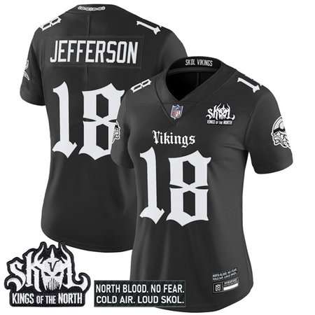 Women's Minnesota Vikings #18 Justin Jefferson Black 2025 Kings of the North Patch "Gothic Norseblood Edition" Vapor Untouchable Limited Stitched Football Jersey