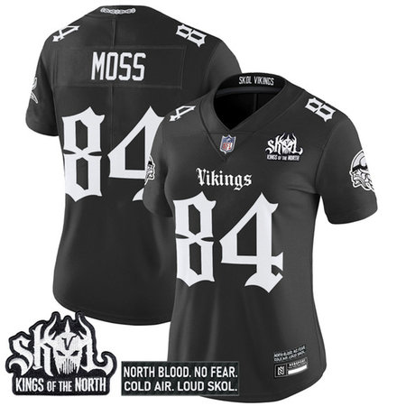 Women's Minnesota Vikings #84 Randy Moss Black 2025 Kings of the North Patch "Gothic Norseblood Edition" Vapor Untouchable Limited Stitched Football Jersey