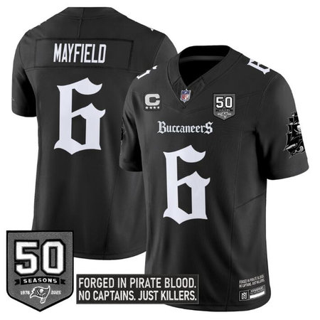 Youth Tampa Bay Buccaneers #6 Baker Mayfield Black F.U.S.E. 50th Season & 4-Star C Patch "Gothic Pirate Shadows Edition" Limited Stitched Football Jersey